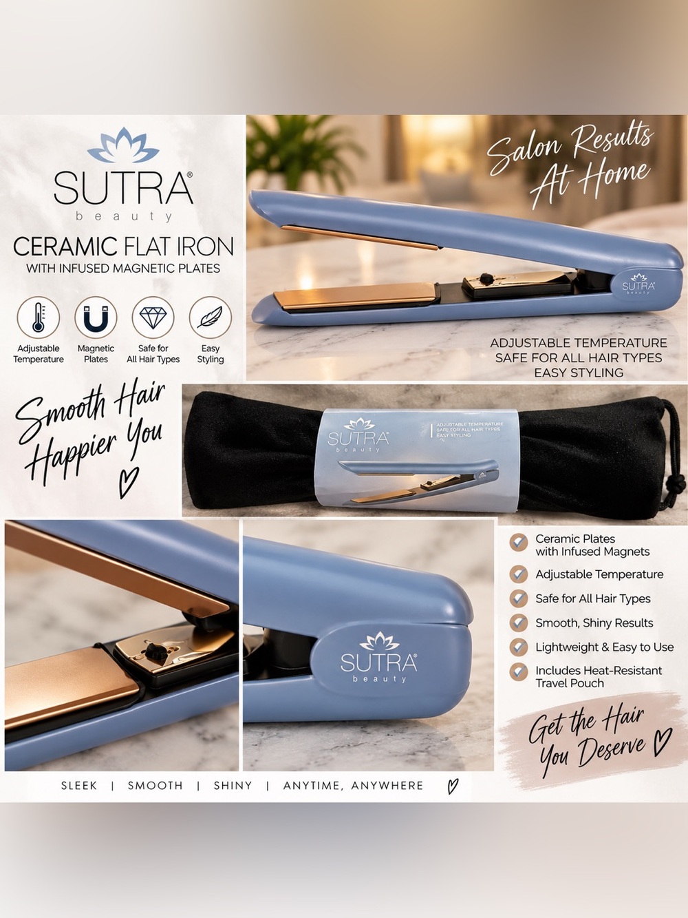 ✨ SUTRA Beauty Ceramic Flat Iron w/ Magnetic Plates + Travel Pouch